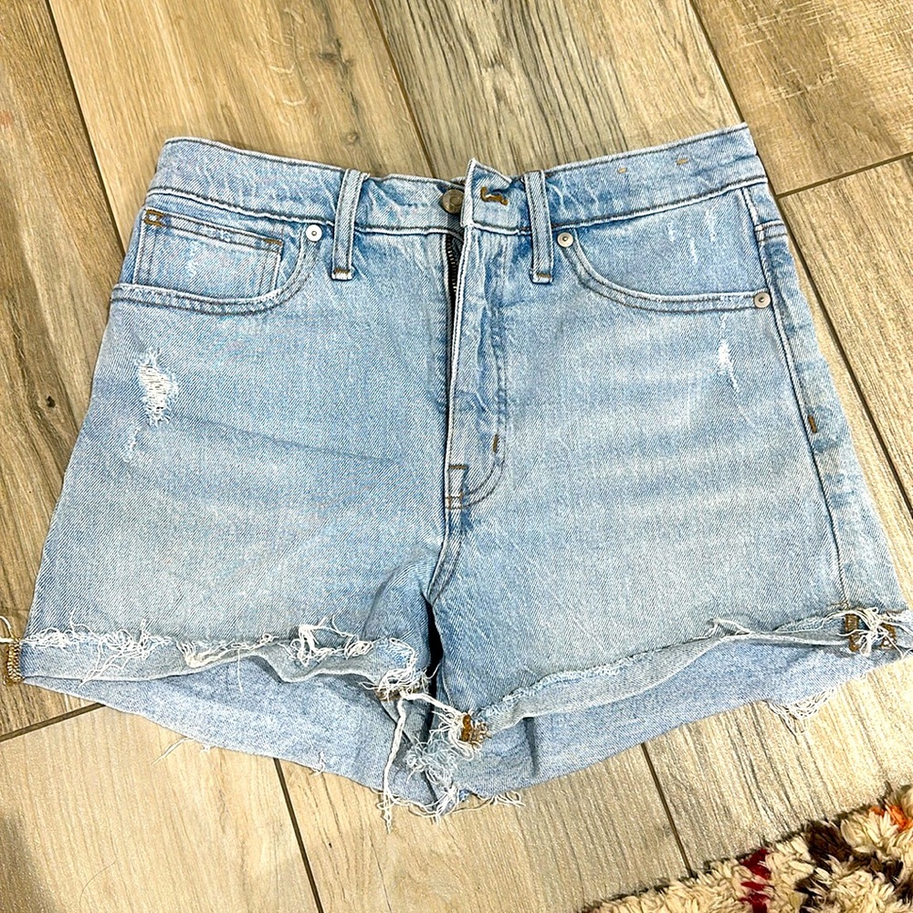 Madewell high rise denim shirts with turned up/cuffed raw hem